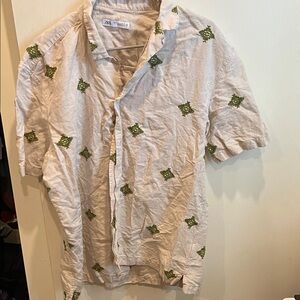 Zara Casual Beige Shirt with Green Pattern